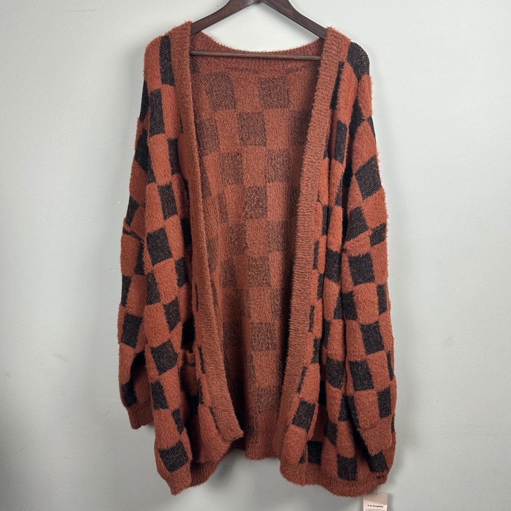 BloomChic NWT 5X 28 Rust Black Checkered Fuzzy Open Front Cardigan Sweater